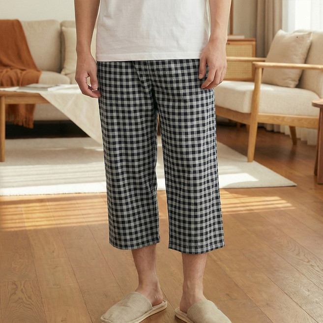7부 기장 고슬고슬한 촉감 남성 여성 깅엄 체크 주머니 파자마 잠옷 바지 P-1017