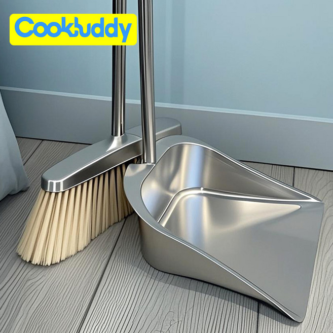CookBuddy 업소용 쓰레받기 실내 방 스텐 쓰레받이 빗자루 세트, 실버, 1세트