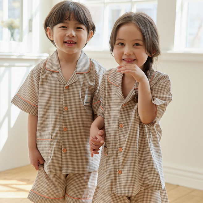 원더풀라이프 국산 순면 공용 아동 주니어 피엘 반팔 상하 잠옷 파자마 홈웨어 세트