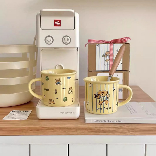 NaBii 귀여운 강아지 스트라이프 머그컵+크림 토끼 도자기 컵 300ML 2개, 1세트, 베이지