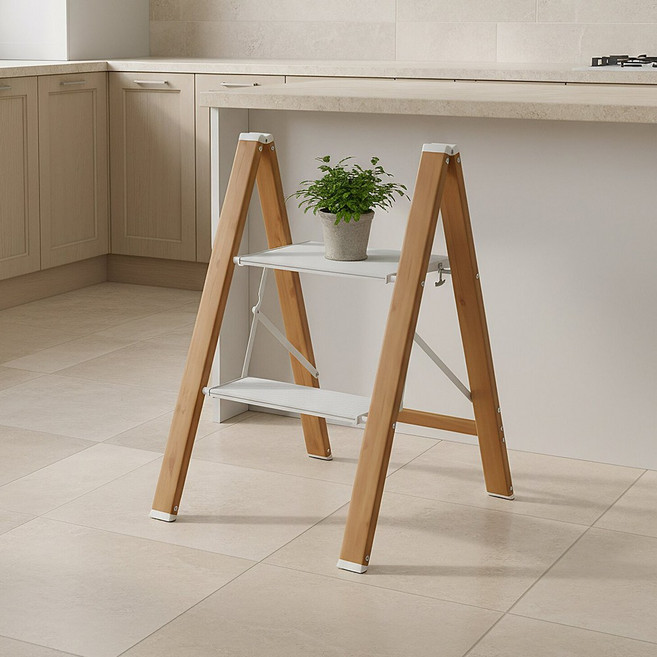 로티홈시스 접이식 사다리 가정용 A형 알루미늄 2단 미니 이동식 작업 발판 계단 DL2, 화이트우드, 1개, 화이트우드