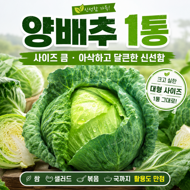 당일경매 국내산 양배추 신선한 양배추 경매후바로발송 쌈용 가정용 식재료용, 2kg, 1개, 햇양배추