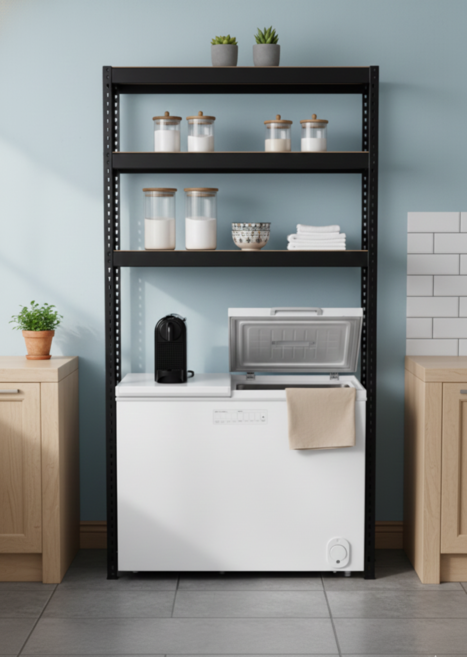 이오자차 마스터랙 조립식 무볼트 다용도 구형 김치냉장고 선반 앵글 펜트리 높이조절 가능한 튼튼한 철제 선반, 1세트, 블랙3단(120x50x200)