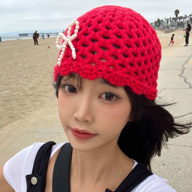 동대문모자 진주 리본 니트 비니 겨울 여성 털 모자