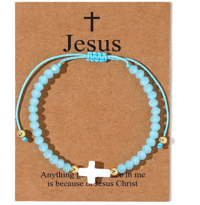 프레이하우스 기독교 천주교 십자가 핸드메이드 묵주 팔찌, 스카이, 1개