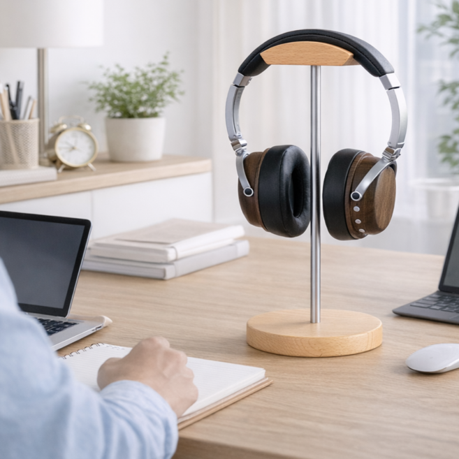 쉼표레리 프리미엄 우드 헤드폰 거치대 원목 슬림 스탠드형, 1개, 체스넛, RERI-HDH1