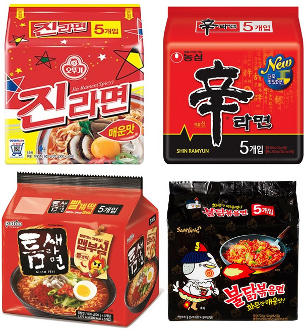 오뚜기 농심 삼양 팔도 매운 봉지라면 4종 세트 (진라면매운맛 5P + 신라면5P + 불닭볶음면5P + 틈새라면 빨계떡5P), 1세트