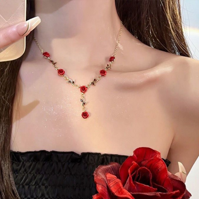 여성 파티 공연 로맨틱 빈티지 레드 로즈 드롭 Y라인 목걸이 A2771