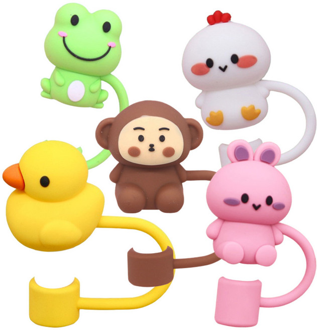 리빙준 실리콘 동물 빨대 마개, 5개, 숭이친구들