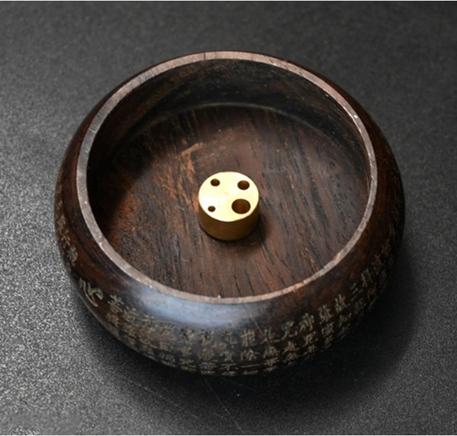 花梨木黑檀木迷你香插座，多孔線香座，心經款臥香爐，直徑5.5cm, 黑檀木迷你多孔香座(心經款), 黑檀