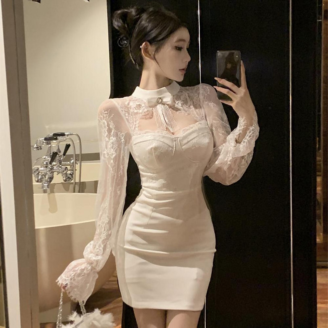 TKX 홀복 여성 우아한 하이넥 레이스 드레스 긴팔 봄 가을 연말 복고풍 KD97