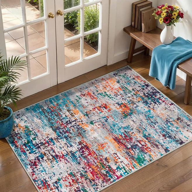 Tangsoo 4x6 Washable Area Rug Modern Non Slip Indoor Rugs for Living Room Abstract Contemporary, Mosaic Gray Multi