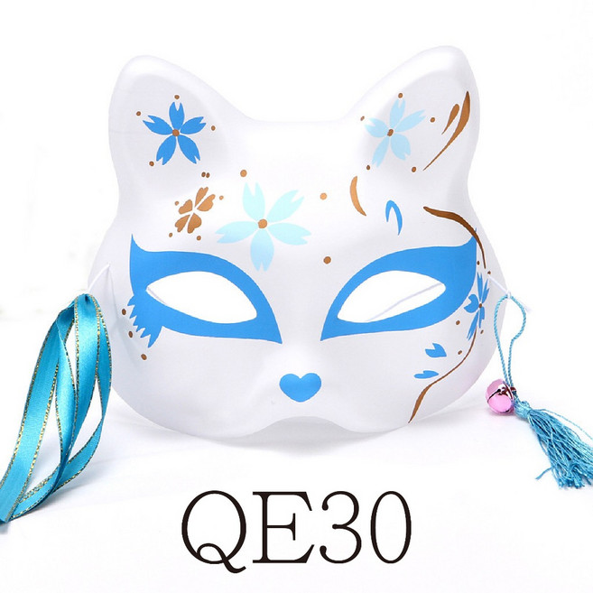 彩繪狐狸面具 萬聖節 尾牙變裝 妖狐面具 動漫 Cosplay 二次元 火影半臉面具, 1個, QE30(流蘇與鈴鐺顏色隨機出貨), 藍白