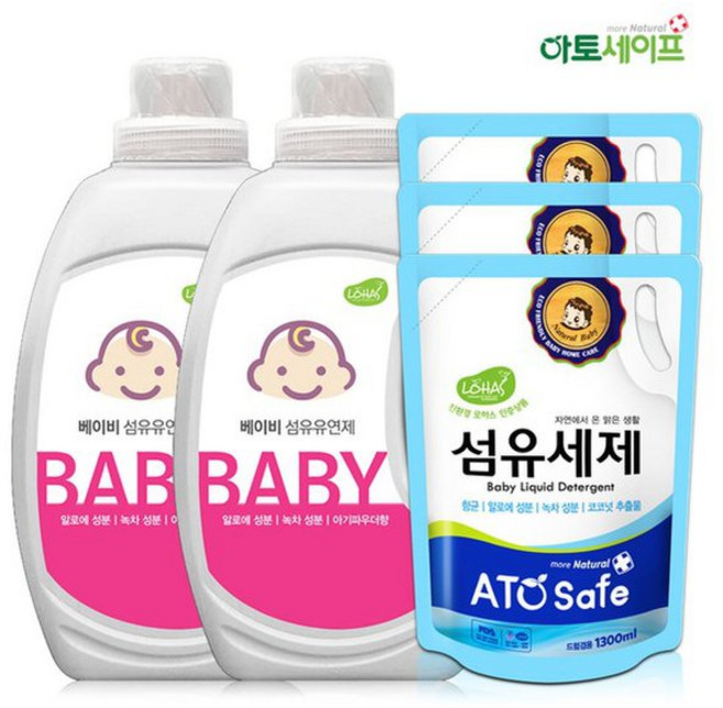 아토세이프 아토세이프 유연제 파우더향 2L 2개+세제 리필 1.3L 3개, 2L, 1.3L
