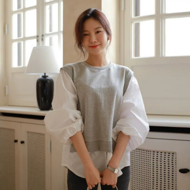 사라포유 배색 니트조끼 레이어드 블라우스 셔츠 베스트