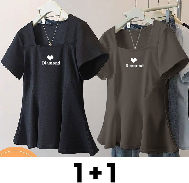 메인워크 1+1 여성 빅사이즈 스퀘어넥 반팔 티셔츠 여름용 정숄더 스판 캐주얼 기질 데이트룩 쿨링 냉장고 아우터 슬림핏 상의 2매입