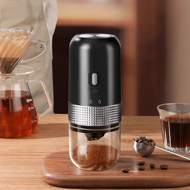 전동 커피 그라인더 원두 자동 원터치 커피분쇄기 저소음 무선 휴대용 4종세트, 블랙