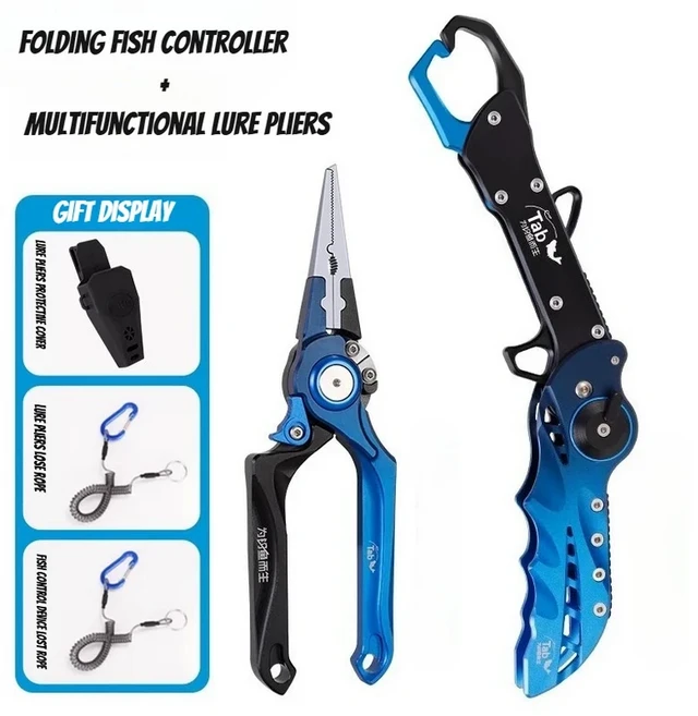 전문가용 접이식 낚시 플라이어 부식 방지 알루미늄 피쉬 립 그리퍼 세트 (라인 커터 훅 제거기 포함), 01 blue-set
