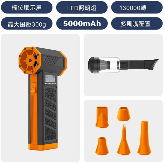 無線鼓風機 130000RPM無刷電機 大風力, 1個, P30黑橙色-【五風嘴新吸塵版】,14.1*12.3*4.2