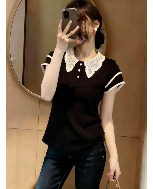 短袖T恤女 蕾絲拼接娃娃領 撞色顯瘦百搭上衣
