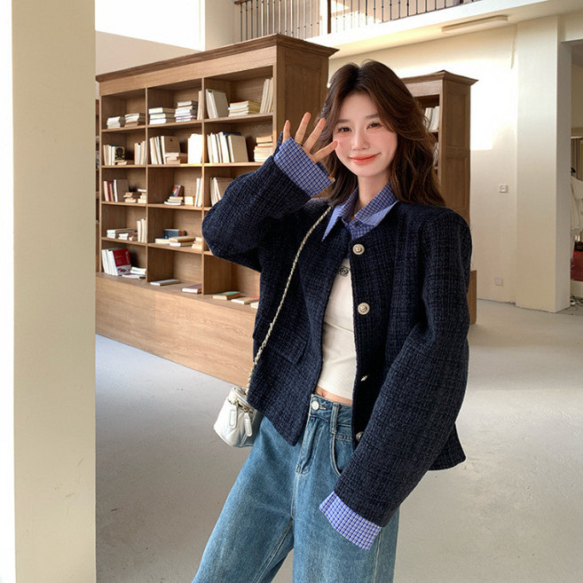 韓系溫柔女款秋季單排扣假兩件外套 藍色條紋拼接設計