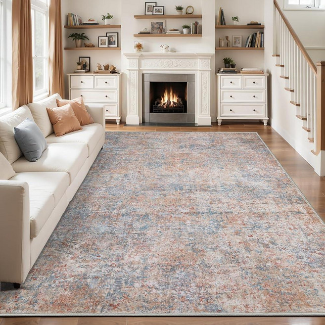 Tangsoo 4x6 Washable Area Rug Modern Non Slip Indoor Rugs for Living Room Abstract Contemporary, Orange Red/Blue