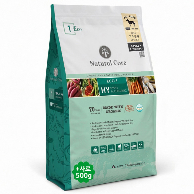 네츄럴코어 전연령 강아지 에코1 하이퍼알러제닉 작은입자 (중정사료500g), 7kg, 1개, 양고기