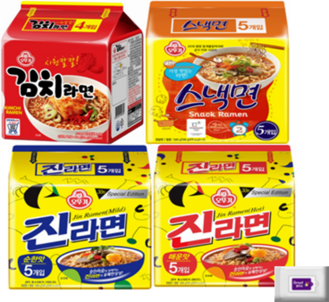 스낵면5입+김치라면4입+진라면순한맛5입+진라면매운맛5입, 1세트