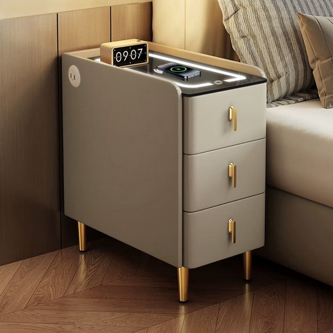 JWJJ 小型實木智慧床頭櫃, 卡其色三色燈無線充USB 25*40*60cm, 1個