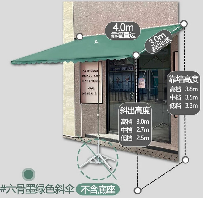 직사각형 파라솔 대형 반쪽 그늘막 팬션 정원 테라스, CE. 짙은 녹색 사선 우산 4x3미터 두께 6개