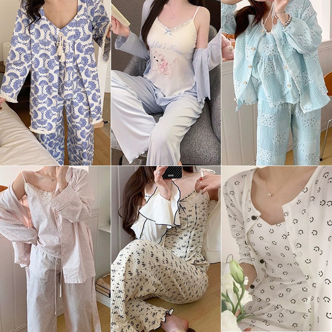 사계절 쓰리피스 파자마 세트 로브 캐미솔 홈웨어