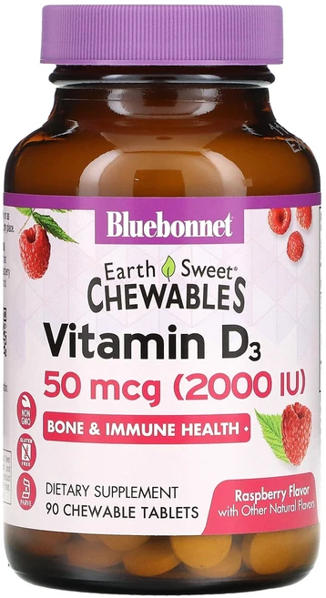 Bluebonnet Nutrition EarthSweet 츄어블 비타 D3 라즈베리 2000 IU 츄어블 90정, BluebonnetNutritionEarthSweet츄, 1개 - 쿠팡