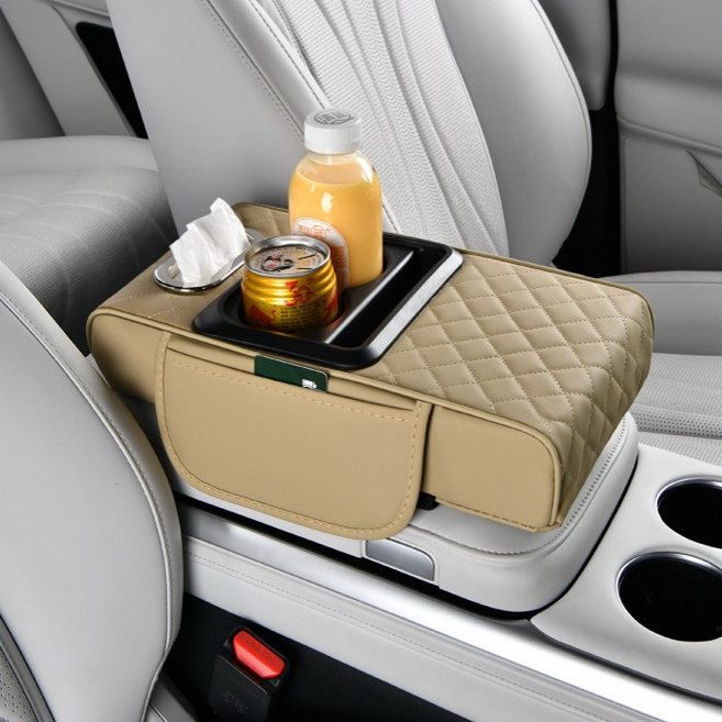 자동차 팔걸이 쿠션 콘솔박스 틈새 수납함 컵홀더, 1개, 베이지