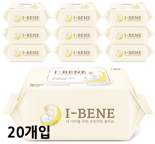 아이베네 안심 아기 물티슈 캡형 70매 20개입 두꺼운 물티슈 엠보싱 무향 저자극, 1개