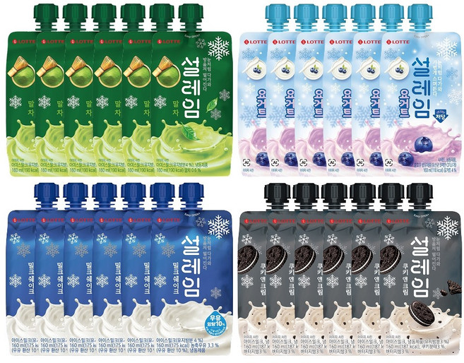 설레임 4종 밀크쉐이크 x6개+쿠키앤크림 x6개+말차 x6개+요거트 x6개, 160ml