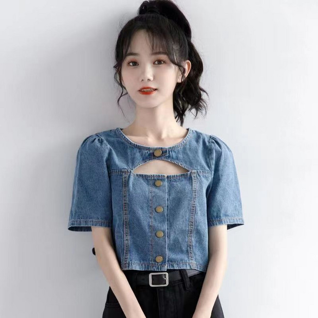 여성 반팔 청자켓 봄 여름 캐주얼 트렌드 얇은 데님 코트 여자 패션 펀칭 시크룩 숏 상의 wmy