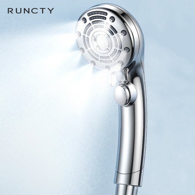 RUNCTY 샤워기 안개분사 피부케어 수압상승 6단 조절 원터치 온오프 강한 세정력 절수 샤워기 헤드, 실버, 1개