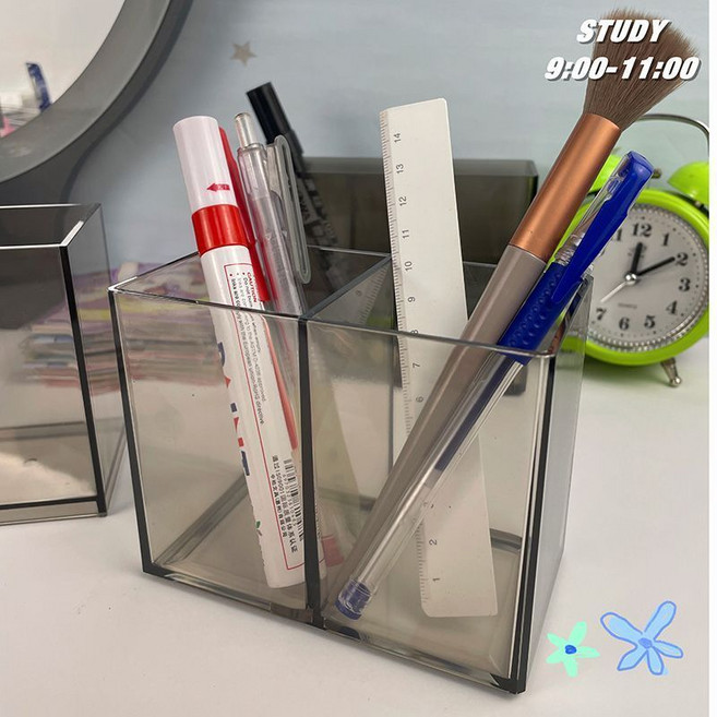 透明壓克力筆筒 灰色經典3格, 1個, 灰色經典2格【1個】小容量,高透+加厚款+送卡通貼紙, N/A
