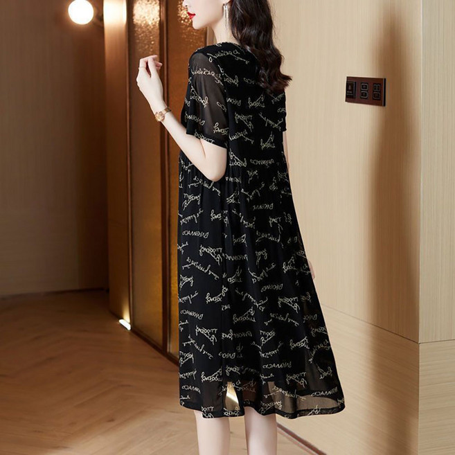 지고다그 여성 빅사이즈 중년 여름 레터링 시스루 반팔 원피스 통기성 편한 쉬폰룩 YZH72605