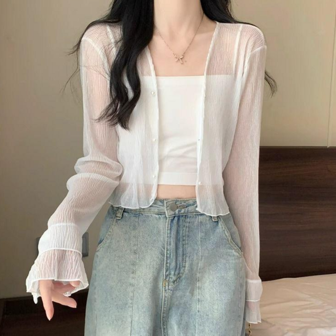 야오야오 여름 주름 크롭 가디건