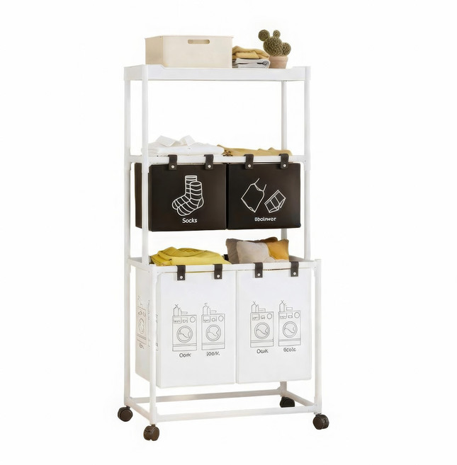 RUNDX 이동식 3단 대용량 빨래바구니 세탁바구니 선반, 화이트