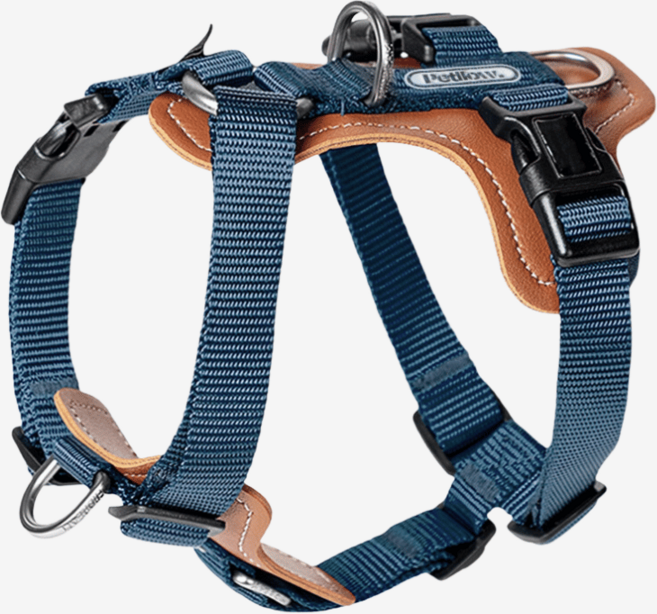 Petllow 튼튼한 강아지 인조가죽 앞섬방지 하네스, 네이비, 1개