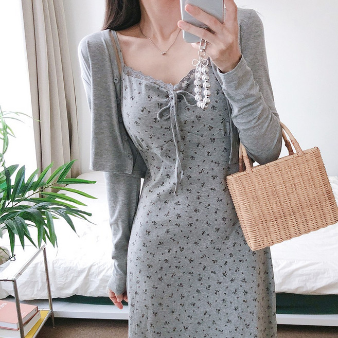 요시아나 [당일발송] 여리여리핏 르비덴 얇은 가디건 꽃무늬 끈나시 롱원피스 세트 2컬러