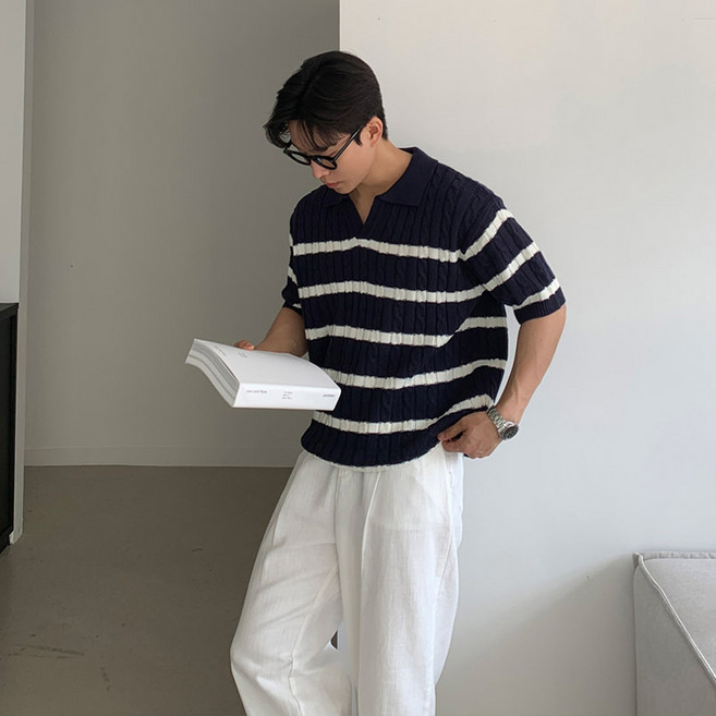 ANYOU 여름 남성 카라 셔츠 루즈핏 스트라이프 얇은 니트 티셔츠 신축성 통기성 반팔 상의