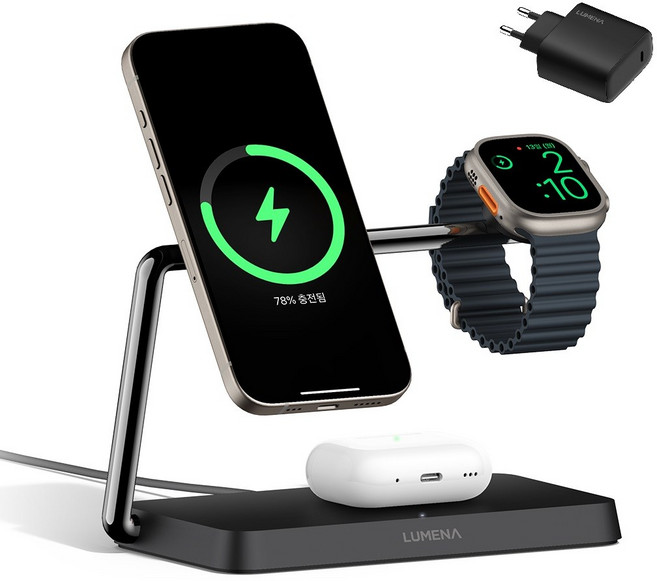 루메나 Qi2 3in1 맥세이프 15W 무선충전기 STATION PRO, 차콜블랙, 1개
