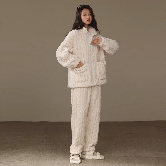 Star Fun수면잠옷 화이트 심플 편안한 커플 초극세사 잠옷 세트 겨울용