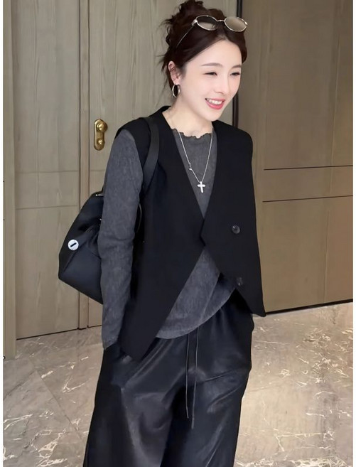 歐貨不規則V領無袖西裝馬甲女 氣質疊穿坎肩