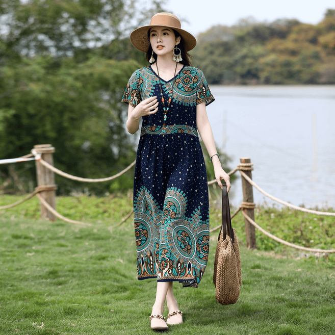 삼제태전 여름 여성용 프린트 반팔 롱원피스 편안하고 시원한 빅사이즈 엄마 옷 캐주얼 일상복
