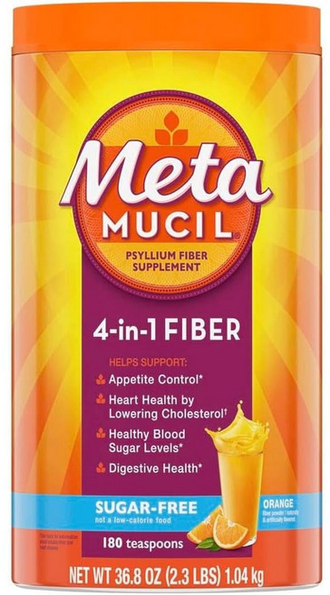 Metamucil 메타뮤실 4-in-1 데일리 파이버 서플리먼트 파우더 소화 건강 및 규칙성용 섬유 무설탕 오렌지 맛 천연 소스 피실리움 180 티스푼, 1개, 1.04kg