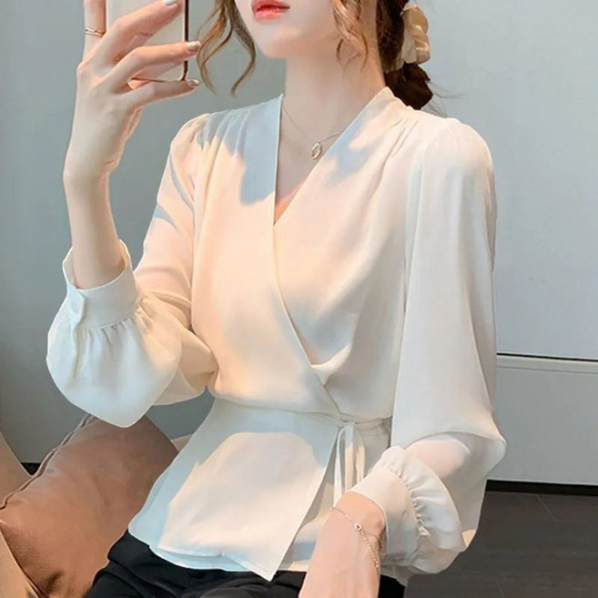 ROYALBELLE 여성 브이넥 스트랩 허리끈 긴팔 블라우스 캐주얼 캐주얼 크로스 셔츠 V082043